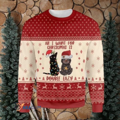 Merry Xmas All I Want For Christmas Is Cat And Double Lazy And Special Pattern Ugly Christmas Sweater