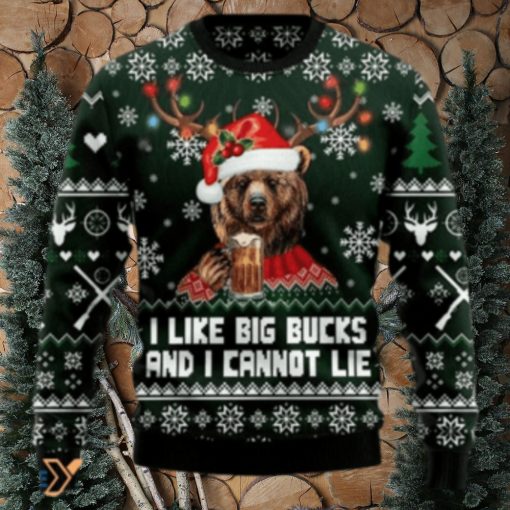 Merry Xmas Bear Hunting And Beer I Like Big Bucks And I Cannot Lie Gift For Christmas Party Ugly Christmas Sweater