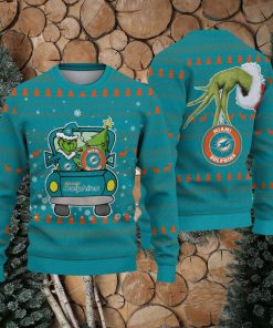 Miami Dolphins And Grinch Driving With Pine Trees Ugly Xmas Sweater Gift For Fans