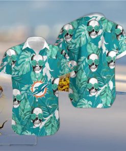 Miami Dolphins Coconut Leaves Skull With Rose Eyes Halloween Hawaiian Shirt