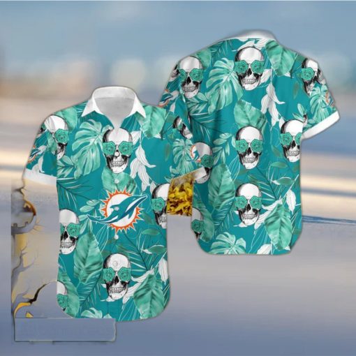 Miami Dolphins Coconut Leaves Skull With Rose Eyes Halloween Hawaiian Shirt