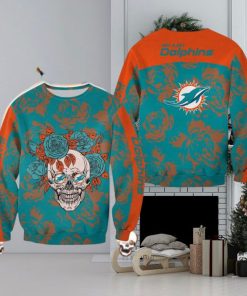 Miami Dolphins Skull And Rose Pattern Noel Halloween Ugly Sweater For Men And Women Gift Christmas