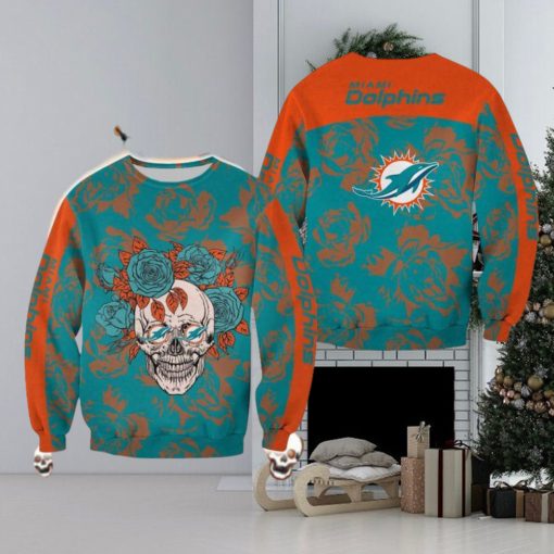 Miami Dolphins Skull And Rose Pattern Noel Halloween Ugly Sweater For Men And Women Gift Christmas