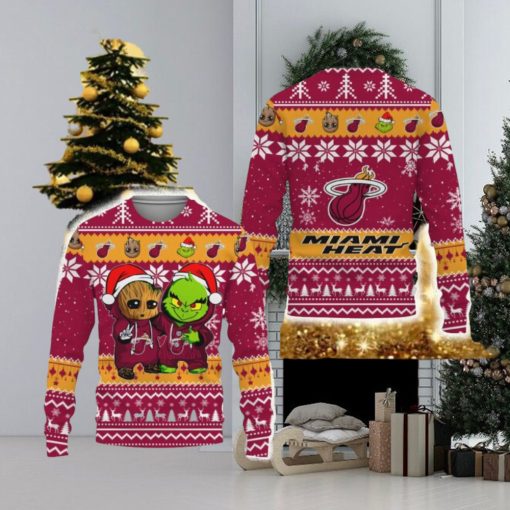 Miami Heat Baby Groot And Grinch Best Friends Football American New 3D Sweater Gift Ugly Christmas