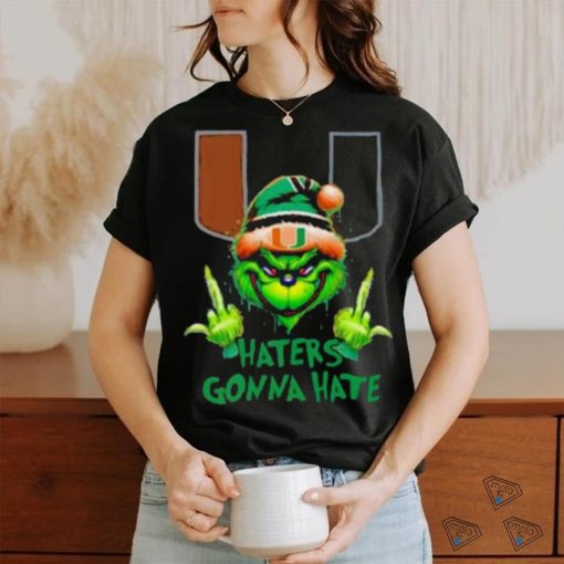 Miami Hurricanes Grinch Santa Middle finger haters gonna hate shirt