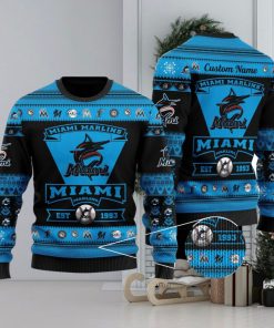 Miami Marlins Football Team Logo Ugly Christmas Sweater Custom Name Christmas For Fans