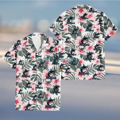 Miami Marlins White Hibiscus Green Leaf White Background 3D Hawaiian Shirt Gift For Fans