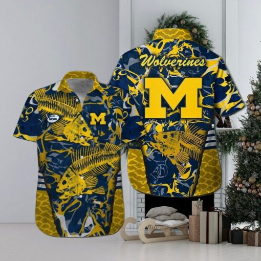 Michigan Wolverines Fishing Short Sleeve Button Up Tropical Hawaiian Shirt