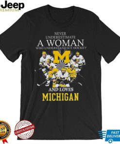 Michigan wolverines never underestimate a woman who understands ice hockey and loves michigan wolverines 2023 shirt