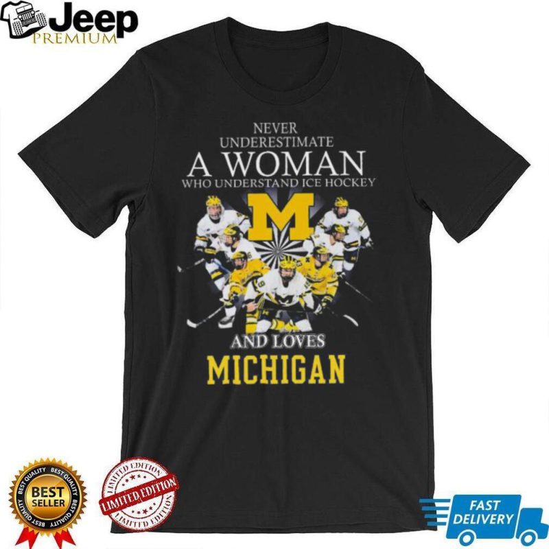 Michigan wolverines never underestimate a woman who understands ice hockey and loves michigan wolverines 2023 shirt