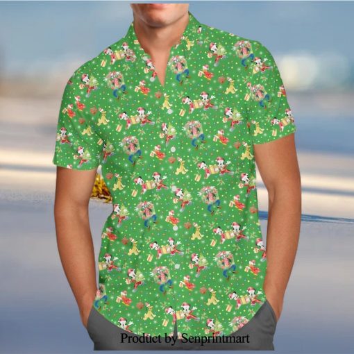 Mickey And Friends Christmas Celebration Disney Cartoon Graphics Inspired Full Printing Hawaiian Shirt – Green