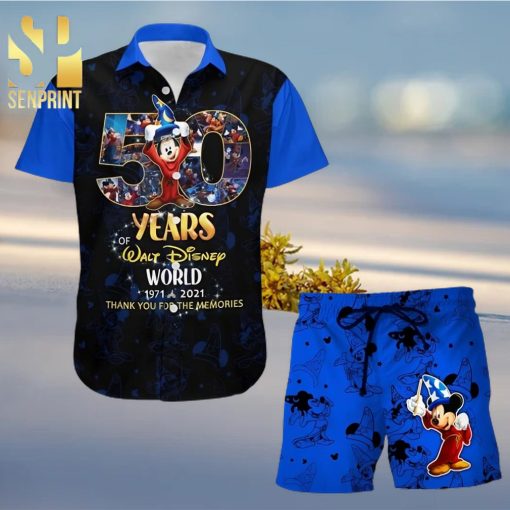 Mickey Fantasia 50th Anniversary Glitter Disney Castle Full Printing Combo Hawaiian Shirt And Beach Shorts – Black Blue