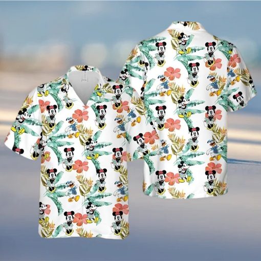 Mickey Minnie And Donald Vacation Disney Cartoon Graphics Tropical Hibiscus Full Printing Hawaiian Shirt – White