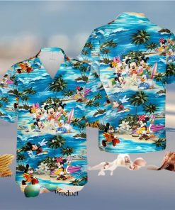 Mickey Minnie Mouse Donald Daisy Duck Surfing S And Catsle Full Printing Hawaiian Shirt – Blue