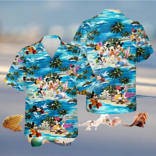 Mickey Minnie Mouse Donald Daisy Duck Surfing S And Catsle Full Printing Hawaiian Shirt – Blue