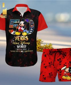 Mickey Mouse 50th Anniversary Glitter Disney Castle Full Printing Combo Hawaiian Shirt And Beach Shorts – Black Red