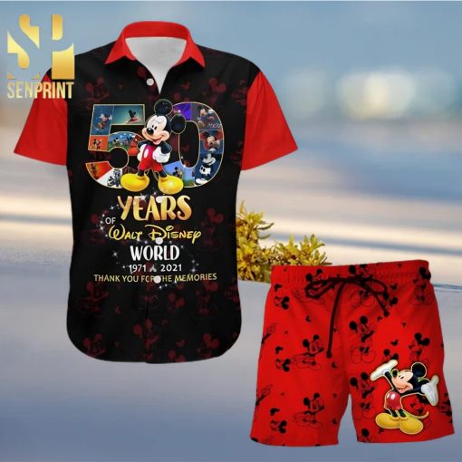 Mickey Mouse 50th Anniversary Glitter Disney Castle Full Printing Combo Hawaiian Shirt And Beach Shorts – Black Red