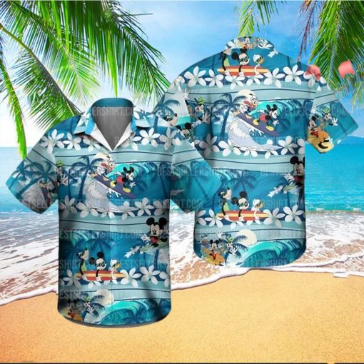 Mickey Mouse Disney Surfing Donald Duck White Frangipani Floral Disney Hawaiian Shirt