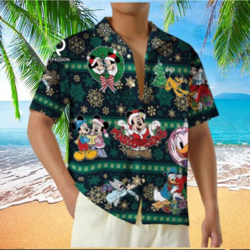 Mickey Mouse Disney World Christmas Hawaiian Shirts Snowflakes Button Merry Xmas