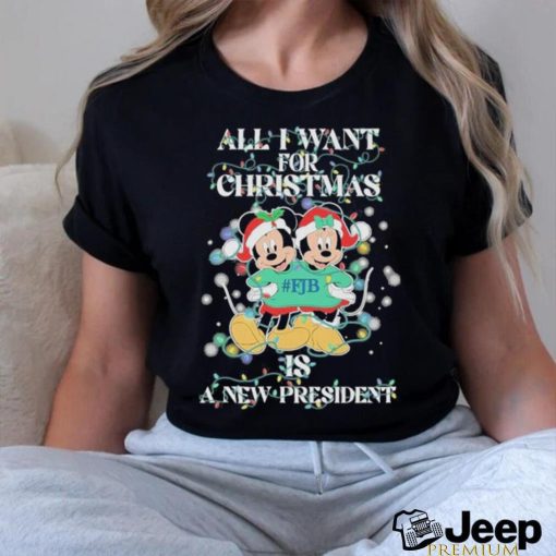 Mickey mouse and Minnie mouse hat santa all I want for christmas is a new president shirt