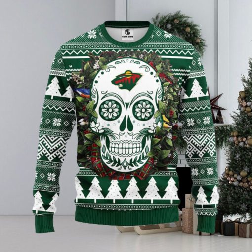 Minnesota Wild Skull Flower Ugly Christmas Ugly Sweater