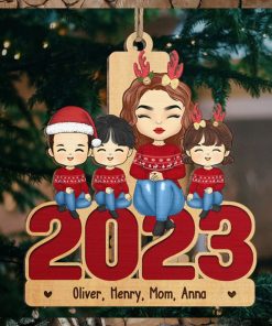 Mom And Kids Sitting Together 2023 Family Personalized Custom Ornament Wood Unique Shaped Christmas Gift For Family Members