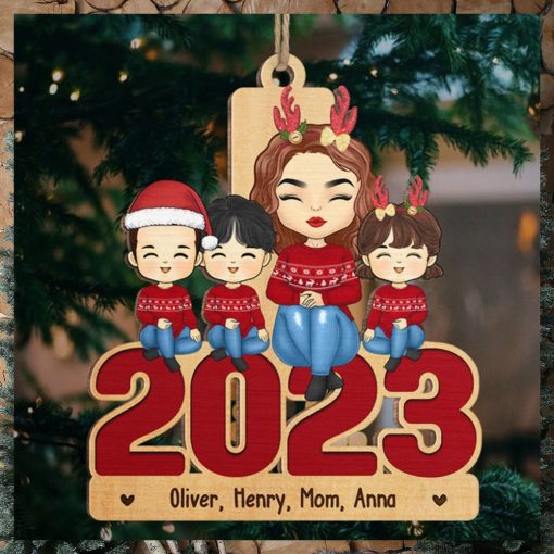 Mom And Kids Sitting Together 2023   Family Personalized Custom Ornament   Wood Unique Shaped   Christmas Gift For Family Members