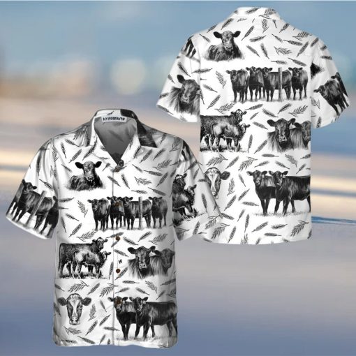 Monochrome Black Angus And Wheat Pattern Cow Hawaiian Shirt, Funny Hawaiian Shirt With Cows