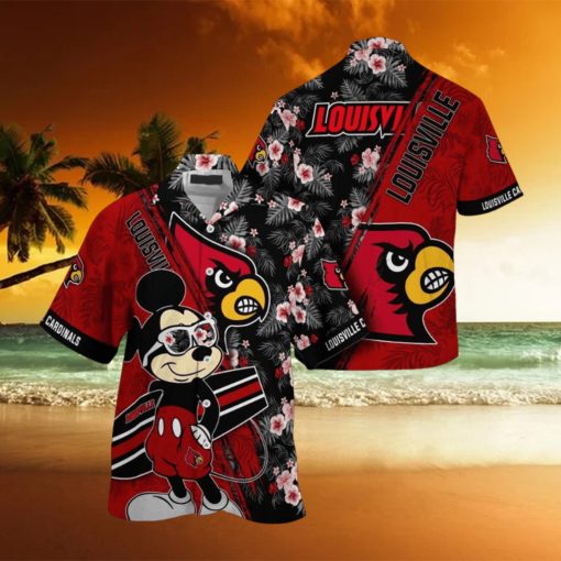 NCAA Louisville Cardinals Hawaiian Shirt Mickey And Floral Pattern