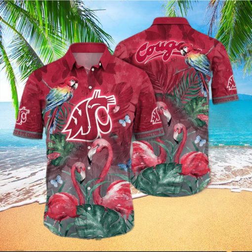 NCAA Washington State Cougars Hawaiian Shirt Aloha Shirt Pink Flamingo And Palm Leaves