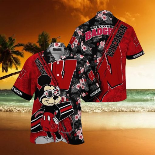 NCAA Wisconsin Badgers Hawaiian Shirt Mickey And Floral Pattern