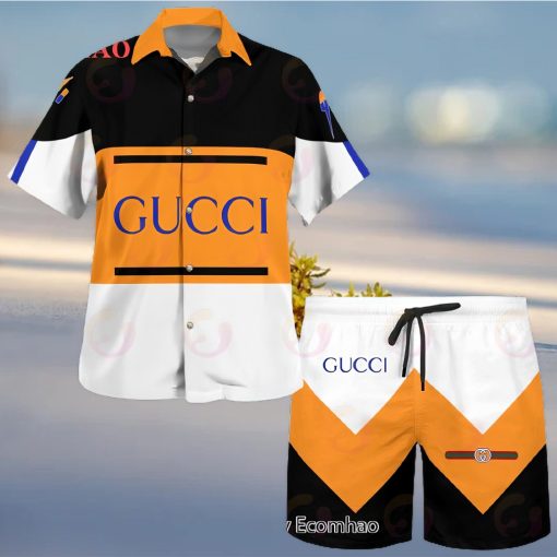 NEW Gucci Black White Orange Hot Summer 2023 Hawaiian Shirt & Beach Shorts