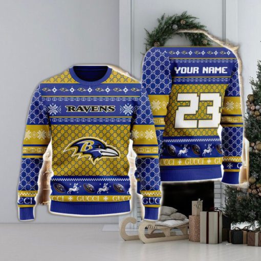 NFL Baltimore Ravens Custom Name And Number Christmas Gift Full Print 3D Sweater Ugly Christmas Sweater