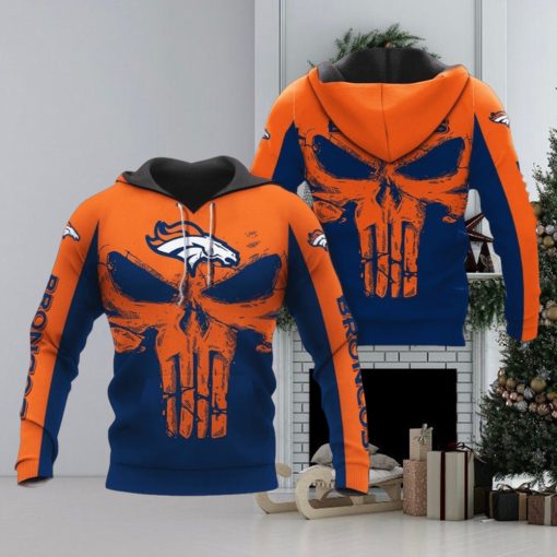 NFL Denver Broncos Punisher Skull Orange Navy Blue Pullover Hoodie