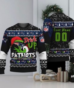 NFL Grinch Drink Up New England Patriots Custom Name And Number Ugly Christmas Sweater Christmas Gift