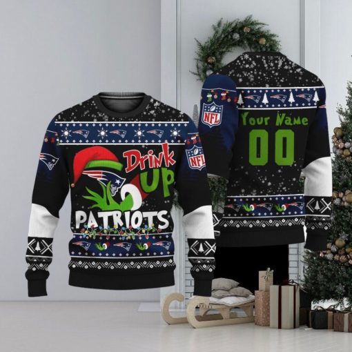 NFL Grinch Drink Up New England Patriots Custom Name And Number Ugly Christmas Sweater Christmas Gift