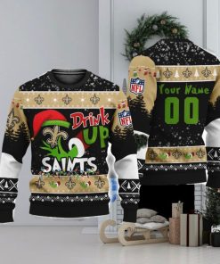 NFL Grinch Drink Up New Orleans Saints Custom Name And Number Ugly Christmas Sweater Christmas Gift