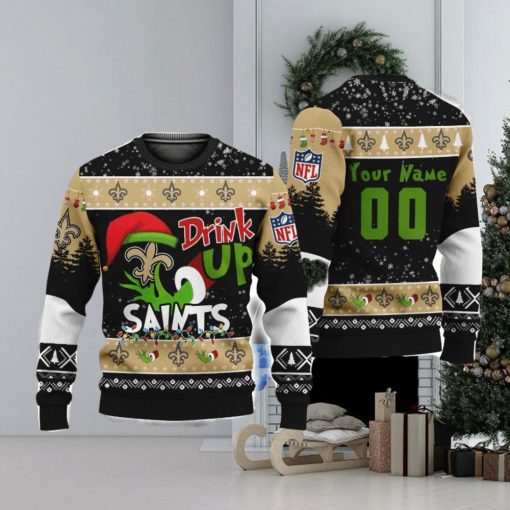 NFL Grinch Drink Up New Orleans Saints Custom Name And Number Ugly Christmas Sweater Christmas Gift