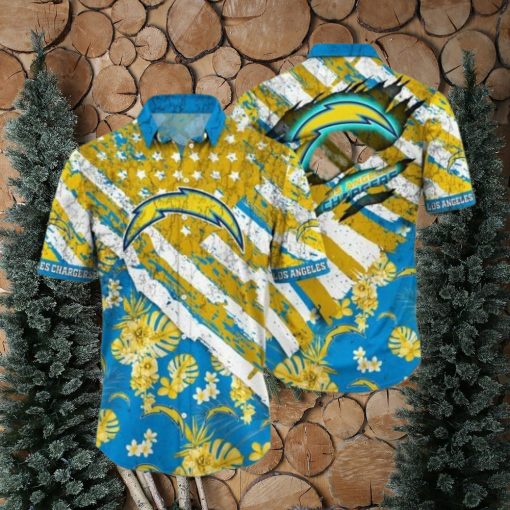 NFL Los Angeles Chargers Gold Flowers Blue Hawaiian Shirt V2