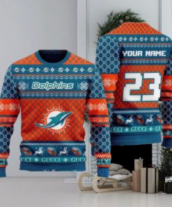 NFL Miami Dolphins Custom Name And Number Ugly Christmas Sweater Christmas Gift For Sport Team