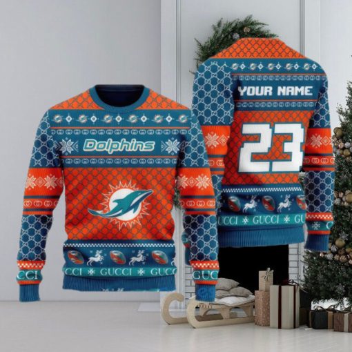 NFL Miami Dolphins Custom Name And Number Ugly Christmas Sweater Christmas Gift For Sport Team