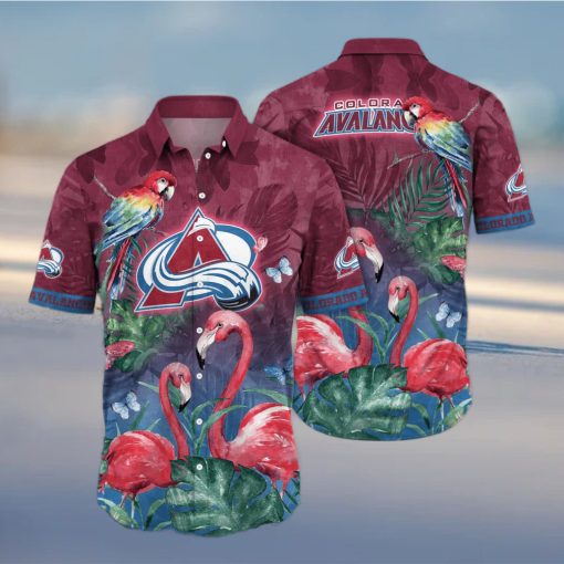 NHL Colorado Avalanche Hawaiian Shirt Flamingo And Palm Leaves Gift For Beach Vacation hawaiian shirt