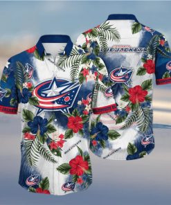 NHL Columbus Blue Jackets Hawaiian Shirt Hibiscus Flowers Pattern hawaiian shirt