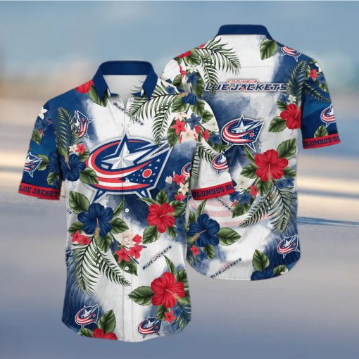 NHL Columbus Blue Jackets Hawaiian Shirt Hibiscus Flowers Pattern hawaiian shirt