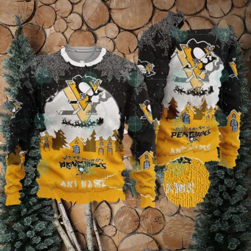 NHL Pittsburgh Penguins Santa Claus In The Moon Personalized Name Ugly Christmas Sweater