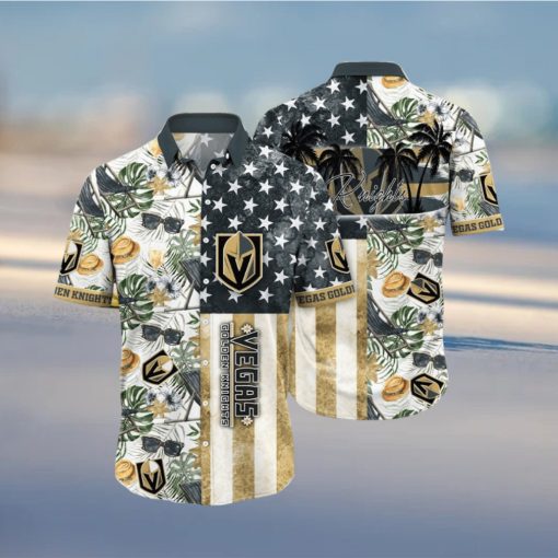 NHL Vegas Golden Knights Hawaiian Shirt Tropical Hat And Glasses Pattern Summer Hawaiian Shirt