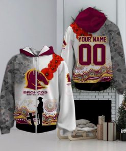 NRL Brisbane Broncos Custom Name Number ANZAC Day Zip Up Hoodie