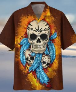 Native Skull Blue Feather Brown Hawaiian Shirt