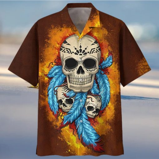 Native Skull Blue Feather Brown Hawaiian Shirt