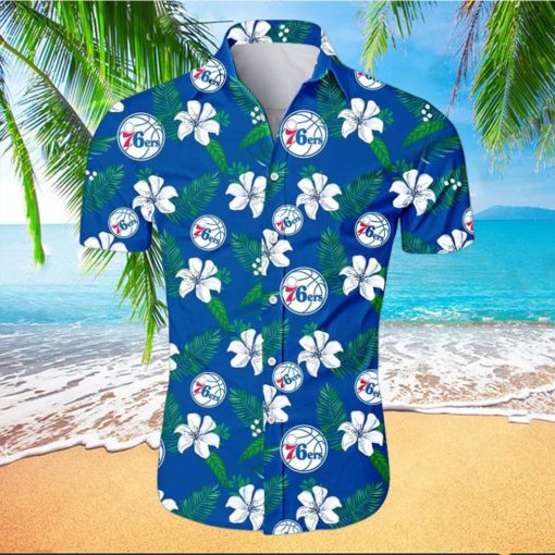 Nba Philadelphia 76Ers White Hibiscus Flowers Green Leaves Trendy Hawaiian Shirt Aloha Shirt